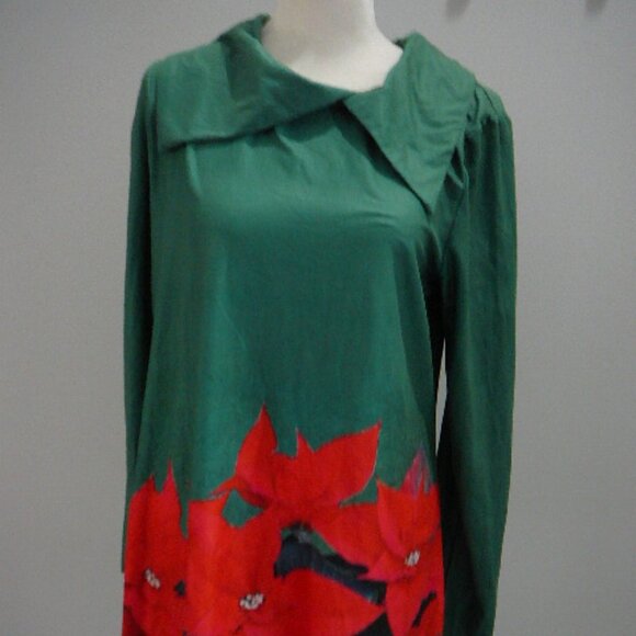 Azalea by Firmiana Long Sleeve Green & Red Poinsettia Top Fancy Collar-Lg-NWT - Picture 1 of 6